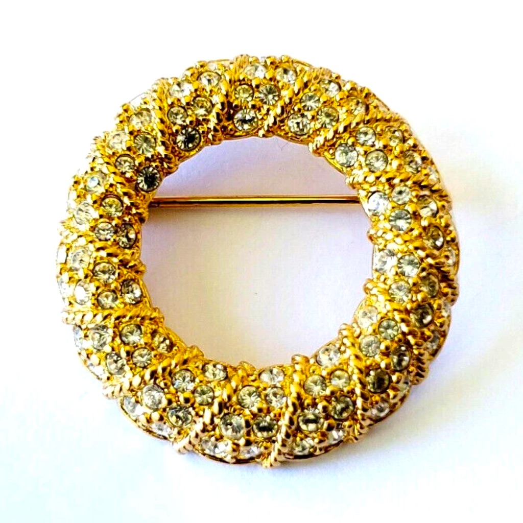 Vintage Swarovski Crystals Gold Circle Brooch Pin With Swarovski Stamped Mark